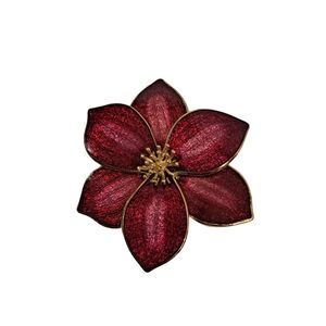 Vintage Red Clematis Flower Cloisonne Brooch Pin Gold Tone Stamped